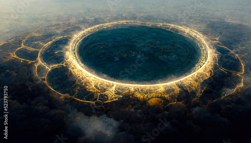 Giant floating circular ancient stone sacred structure. Abstract fantasy landscape sea, ocean. Passage to another world, abstract door, neon. Unreal world. 3D illustration.