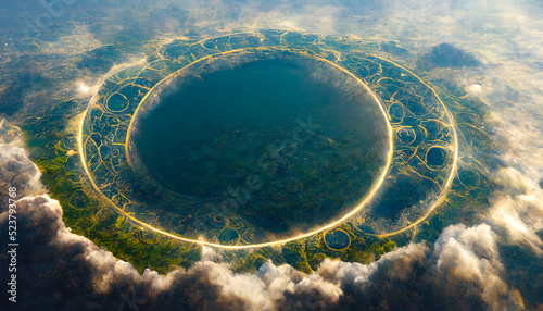 Giant floating circular ancient stone sacred structure. Abstract fantasy landscape sea, ocean. Passage to another world, abstract door, neon. Unreal world. 3D illustration.