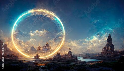 Giant floating circular ancient stone sacred structure. Abstract fantasy landscape sea, ocean. Passage to another world, abstract door, neon. Unreal world. 3D illustration. © Terablete