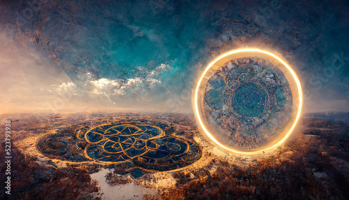 Giant floating circular ancient stone sacred structure. Abstract fantasy landscape sea, ocean. Passage to another world, abstract door, neon. Unreal world. 3D illustration.