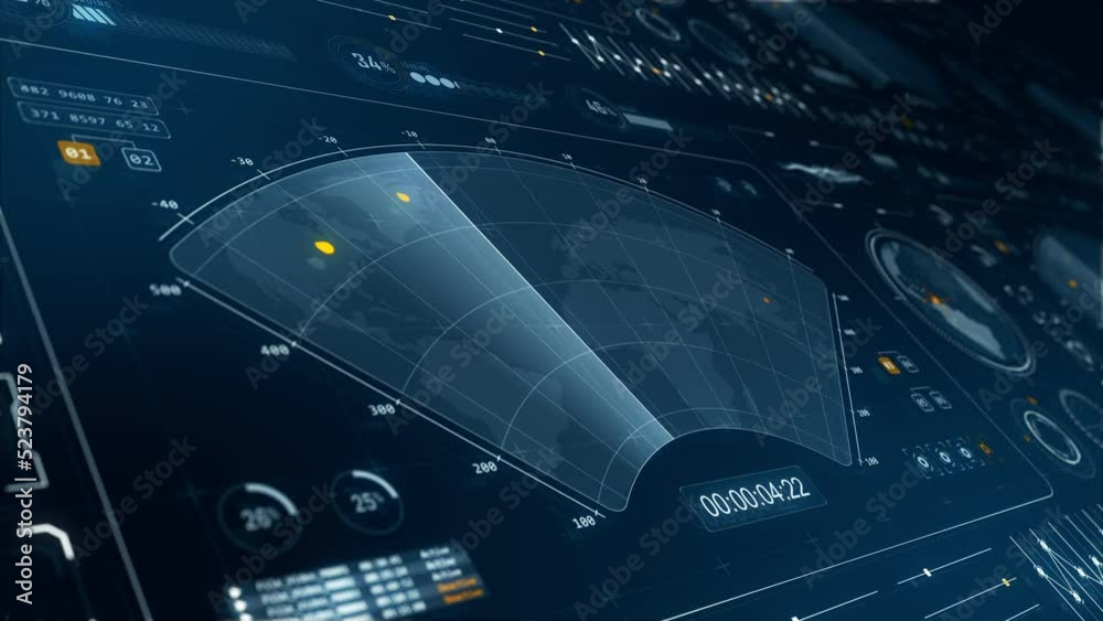 Motion graphic of 3D blue color sonar radar screen searching an object with futuristic head up display ( HUD UI ) technology interface screen and chat panel abstract background