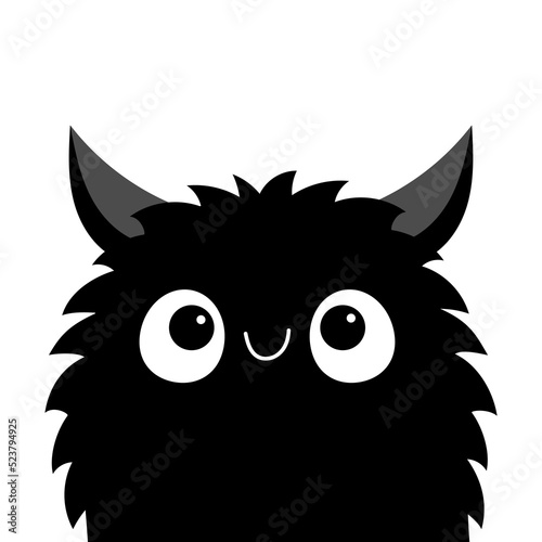 Fluffy monster black head face silhouette. Happy Halloween. Cute Funny Kawaii cartoon baby character. Eyes, teeth, horn ears. Smiling face. Sticker print. Boo. Flat design. White background.