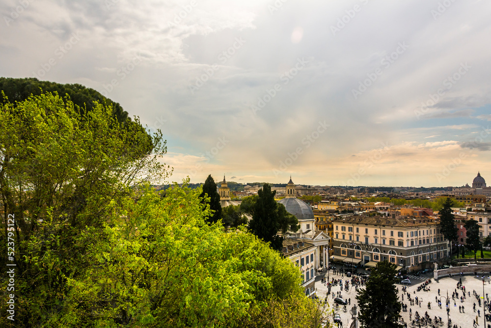 Landscape with green bush and the Rome City, Italy.