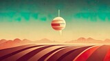 Minimal flat vintage planet. Wallpaper of a sci-fi moon or sun or planet in space. Orange planet similar to mars. 4K background. Science fiction, futurstic abstract cartoon illustration.