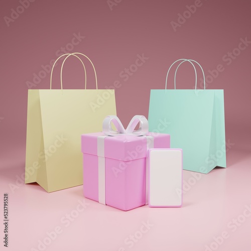 3d render two paper shopping bags and gift boxes pink background