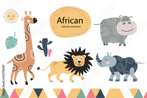 Set of cute cartoon African animals. Giraffe, lion, rhinoceros, hippopotamus.