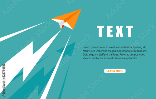 One Orange paper plane flying is a symbol of lightning in the sky. Vector illustration flat design for poster, banner, presentation, template, and background.