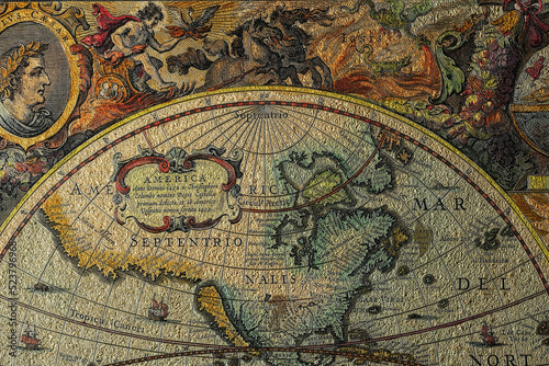 Ancient world map made by H. Hondius dated 1630. The map is in public domain. 3D render illustration.