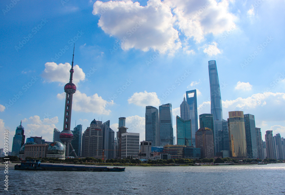city,metroplis, shanghai, pudong, lujiazui, landmark,buildings,architecture, river, Huangpu river, cloud, sky, skyline