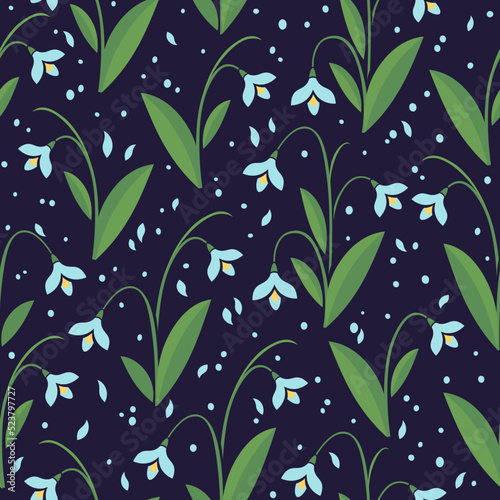 Vector pattern with snowdrops on a dark background