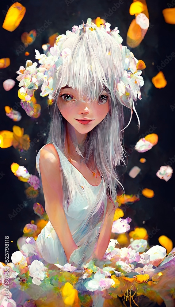 Portrait of an anime girl against a background of flowers. Anime