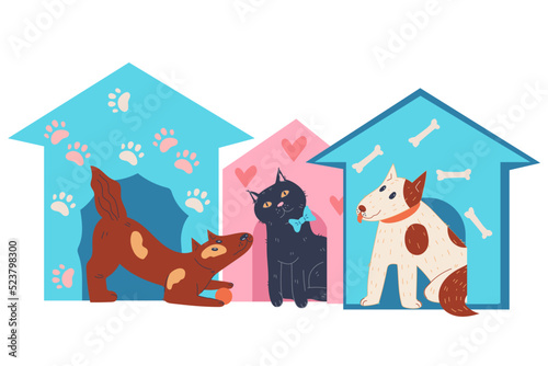 Animal shelter and pet adoption concept with cute cats and dogs sitting in small cage houses, flat cartoon vector illustration isolated on white background. Banner for domestic animals shelter.