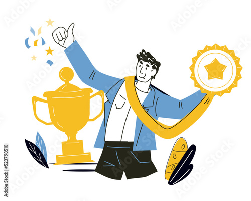 Businessman with medal and trophy cup. Successful winner receives an award and appreciation for his achievements, best employee doodle cartoon vector illustration isolated on white background.