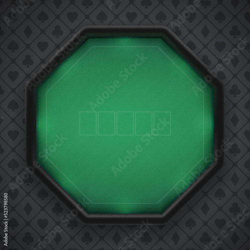 Octagonal poker table with illuminated leather border. Realistic green fabric. Top view. Eps10 vector
