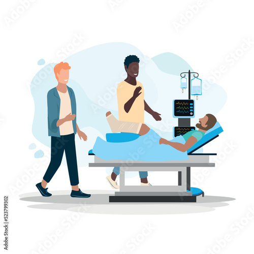 Friends came to visit their friend in the hospital. Patient and visitors. Joy and positive from meeting with close friends. Vector illustration in flat style. Thank you doctors and nurses.