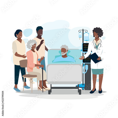The family visits their elderly relative in the hospital. Patient and visitors. Joy and positive from meeting with close friends. Vector illustration in a flat style.