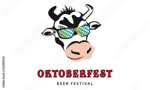 oktoberfest cool fun cow, wearing bavarian glasses, t-shirt, poster, banner