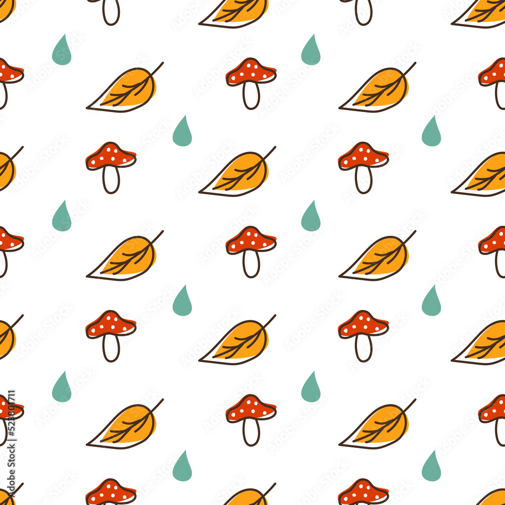 Obraz premium Autumn weather seamless pattern. Fly agaric, leaf and raindrop hand drawn.