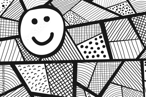 Abstract vector psychedelic sketch doodle background with smile. Polygonal color illustration. 