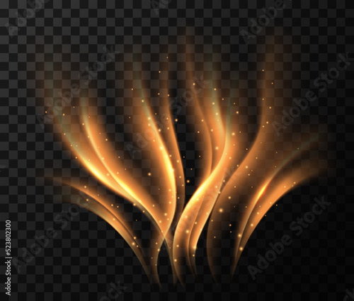 Air golden waves. Magic light effect. Vector shimmering swirl lines