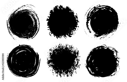 Set of hand drawn ink splashes, round design elements on white background. Abstract freehand brush strokes. Isolated vector shapes as blank stamp, seal, frame, grunge background.