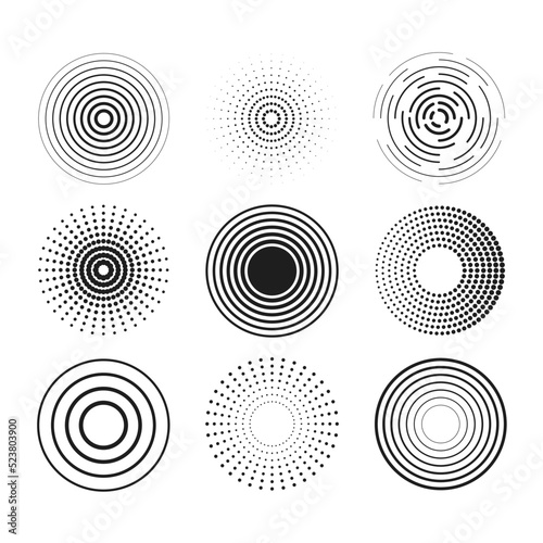 Identification process. Abstract background. Black rings sound wave and line with points in a circle. Sound wave wallpaper. Radio station signal. Circle spin vector set.