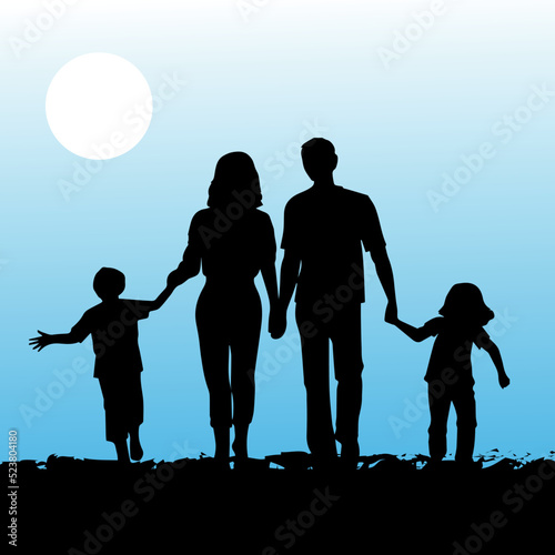 happy family. silhouette or shadow of a family on a blue background. mom, dad and kids. summer. vector illustration. pair. together