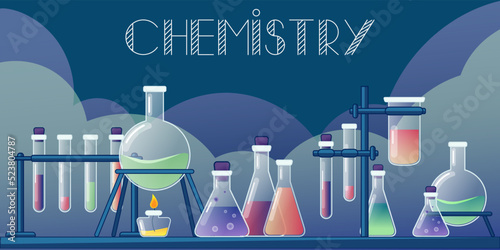 Chemical Laboratory with different glass flasks, vials, test-tubes with substance and reagents. Lab research, testing, studies in chemistry, physics, biology. Flat illustration. Background for poster.