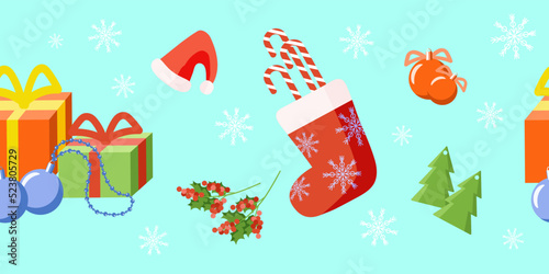 Winter seamless border with gifts, red sock, caramels, trees, hat and white snowflakes on the light background.
