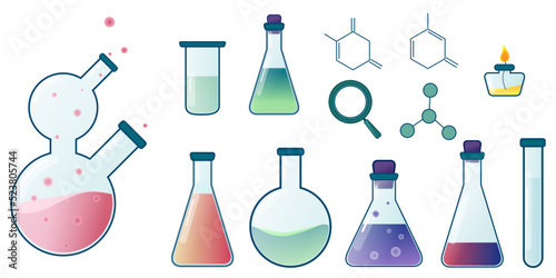 Set of laboratory elements: glass flasks, vials, test-tubes with substance and reagents, formula, atom, spirit lamp. Flat illustration for web design, for design of scientific book, decoration card.
