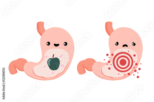 Stomach. Healthy and ailing stomach. Cartoon internal organs. Gastritis and heartburn inflammation. Improper diet, acid, infection. Stock vector illustration isolated on white background.