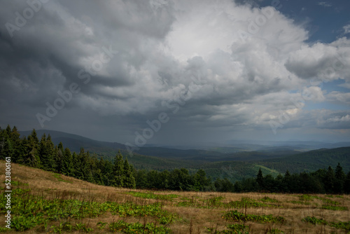 Fototapeta Naklejka Na Ścianę i Meble -  Summer stormy cloudy day in Zywiecki park Krajobrazowy with colorfull view