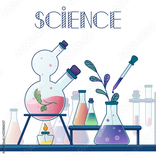 Chemistry laboratory. Glass flasks, vial, test-tube with substance and reagent. Science of plant research. Development of plants varieties. Concept of plant breeding. Vector. For posters and banner.