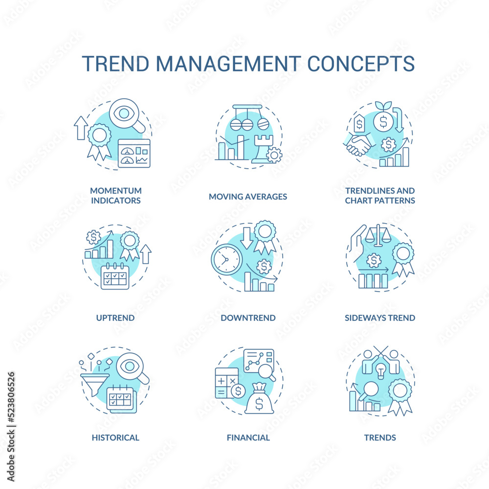 Trend management turquoise concept icons set. Tendencies analysing process. Strategy idea thin line color illustrations. Isolated symbols. Editable stroke. Roboto-Medium, Myriad Pro-Bold fonts used
