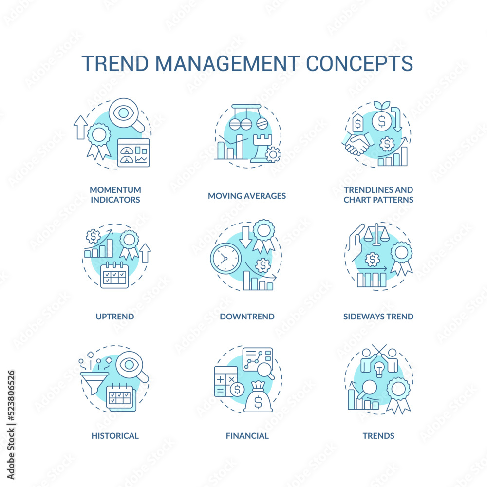 Trend management turquoise concept icons set. Tendencies analysing process. Strategy idea thin line color illustrations. Isolated symbols. Editable stroke. Roboto-Medium, Myriad Pro-Bold fonts used Trend management turquoise concept icons set. Tendencies analysing process. Strategy idea thin line color illustrations. Isolated symbols. Editable stroke. Roboto-Medium, Myriad Pro-Bold fonts used