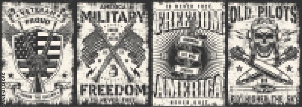 Military set grunge flyers monochrome