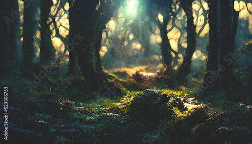 Fototapeta Naklejka Na Ścianę i Meble -  Dense forest, sun light through tree branches, forest at sunset. gloomy old forest. 3D illustration.