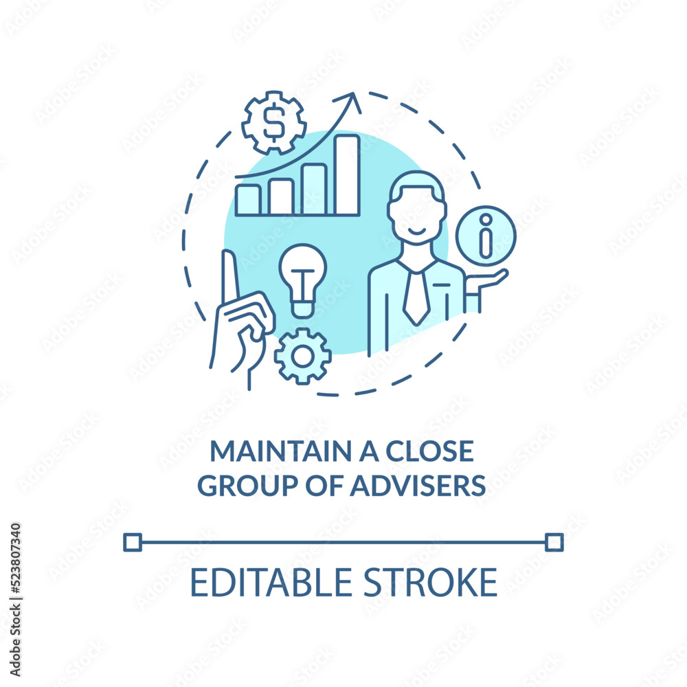 Maintain close group of advisers turquoise concept icon. Way to identify trends abstract idea thin line illustration. Isolated outline drawing. Editable stroke. Arial, Myriad Pro-Bold fonts used Maintain close group of advisers turquoise concept icon. Way to identify trends abstract idea thin line illustration. Isolated outline drawing. Editable stroke. Arial, Myriad Pro-Bold fonts used