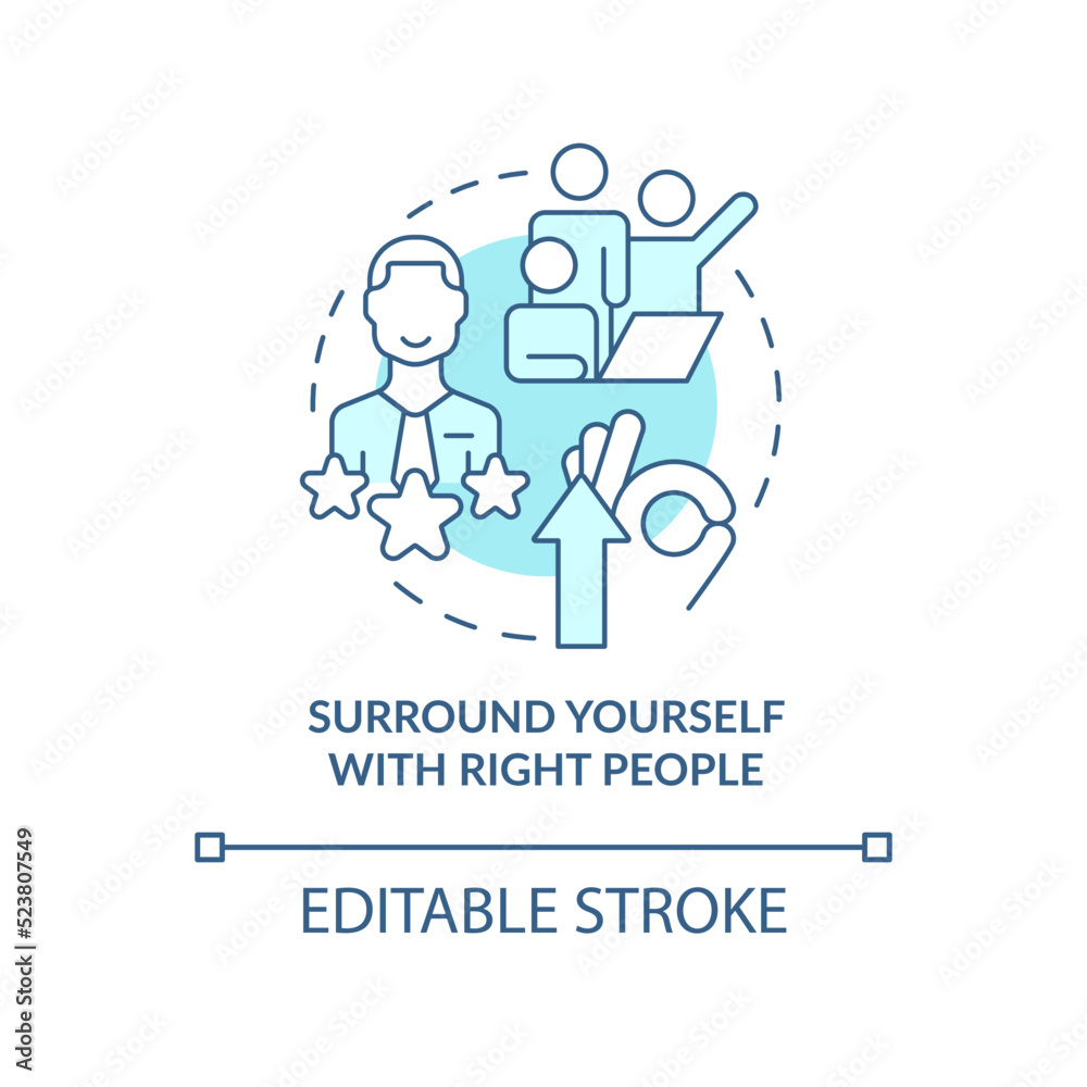 Surround yourself with right people turquoise concept icon. Way to identify trends abstract idea thin line illustration. Isolated outline drawing. Editable stroke. Arial, Myriad Pro-Bold fonts used