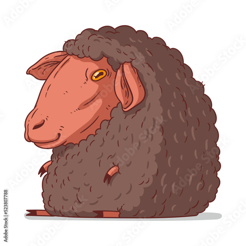 A Sheep, isolated vector illustration. Funny cartoon picture of a calm soft ewe sitting. A drawn lamb sticker. Simple drawing of a cute sheep on white background. A domestic animal. Livestock.