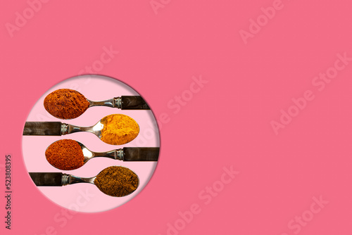 A selection of cayenne pepper tumeric chilli curry powder spices used in Indian cooking on a coulerful coral pink background photo