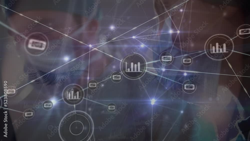 Animation of network of connections and icons over team of diverse surgeons during operation