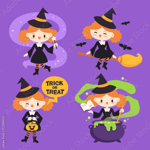 Hand drawn flat Halloween witches collection.