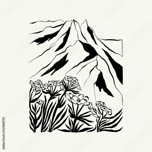 Abstract landscape interior contemporary minimal aesthetic. Hand drawn linear illustrations for wall decoration, postcards or brochures, cover design, stories, social media, app design.