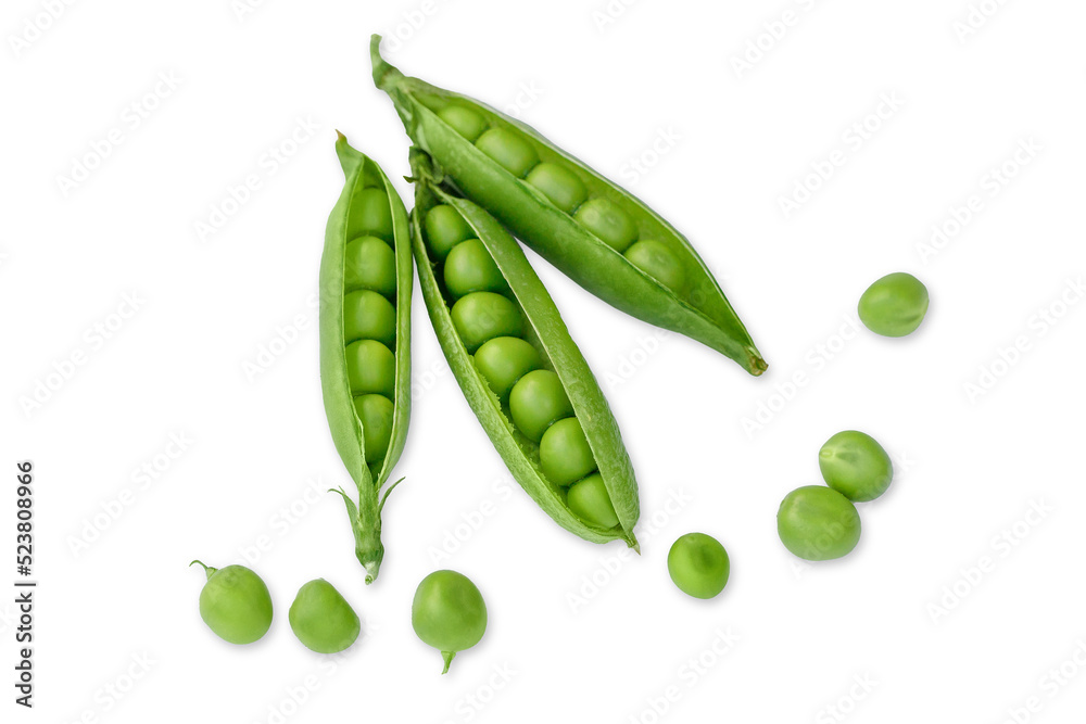 Fresh green pea pods and peas isolated on the white background. Close up Fresh green pea pods and peas isolated on the white background. Close up