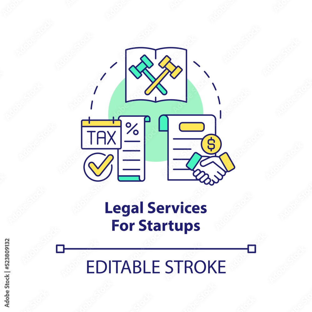 Legal services for startups concept icon. Way to support startup business abstract idea thin line illustration. Isolated outline drawing. Editable stroke. Arial, Myriad Pro-Bold fonts used Legal services for startups concept icon. Way to support startup business abstract idea thin line illustration. Isolated outline drawing. Editable stroke. Arial, Myriad Pro-Bold fonts used