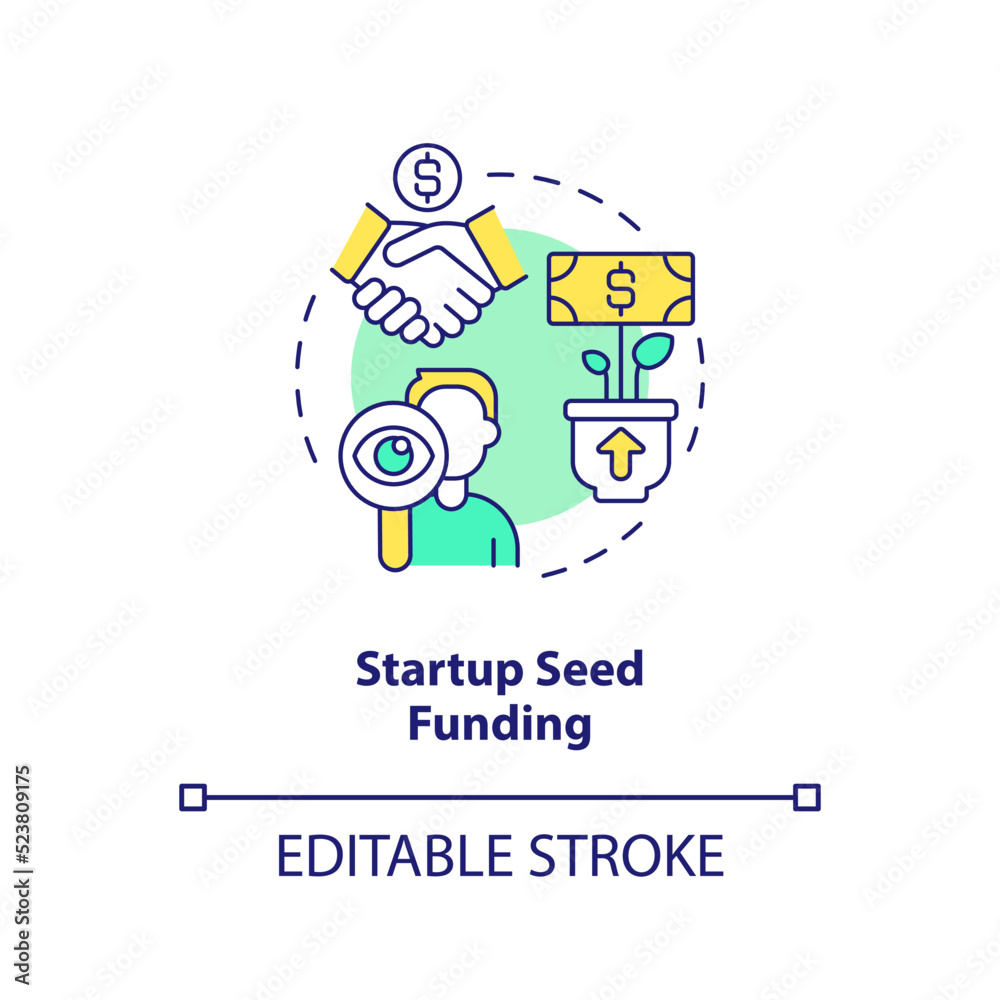 Startup seed funding concept icon. Small business program abstract idea thin line illustration. Personal income growth. Isolated outline drawing. Editable stroke. Arial, Myriad Pro-Bold fonts used Startup seed funding concept icon. Small business program abstract idea thin line illustration. Personal income growth. Isolated outline drawing. Editable stroke. Arial, Myriad Pro-Bold fonts used