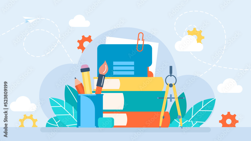 Office supplies. School supplies: books, notebooks, pens, pencils, eraser, paints, brushes, notepad, compass, paper clip, glass, document. Back to school. Flat business style. Vector illustration. Office supplies. School supplies: books, notebooks, pens, pencils, eraser, paints, brushes, notepad, compass, paper clip, glass, document. Back to school. Flat business style. Vector illustration.