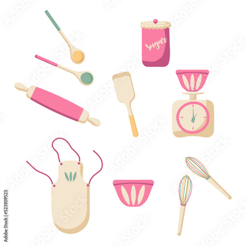 Kitchen accessories for the pastry chef. Vector drawing of a set of pink pastry chef's tools. Apron, sugar and whisk. Colored spoons. Set of kitchen utensils to design an article or advertisement.
