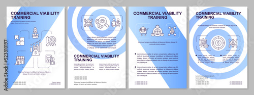 Commercial viability in entrepreneurship blue gradient brochure template. Leaflet design with linear icons. 4 vector layouts for presentation, annual reports. Arial, Myriad Pro-Regular fonts used